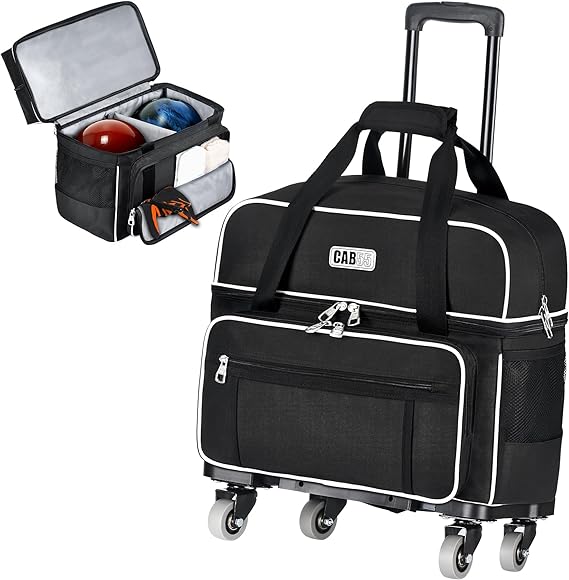 CAB55 2 Ball Bowling Bag with 4 Wheels, Double Bowling Ball Bag with Separate Shoe Compartment, (Up To US Men Size 16), and Multiple Multifunctional Accessory Pockets