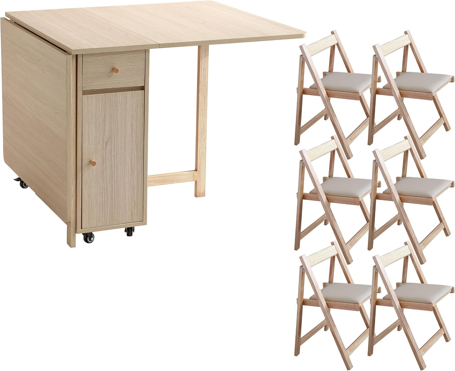Wood Drop Leaf Folding Dining Table with 2 Drawers and 4 Wheels, Wooden Padded Chairs Set of 3, Space Saving Dining Table with 6 Chairs
