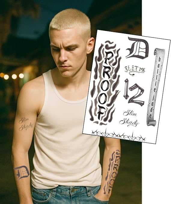 90s Rap Icon Temporary Tattoo Sheet – 1x A4 Pack of Realistic Forearm & Script Fancy Dress Cosplay Tattoos