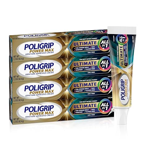 Poligrip Power Max Ultimate All-in-1 Denture Adhesive Cream, Zinc Free, 2.2 oz (4 Pack)