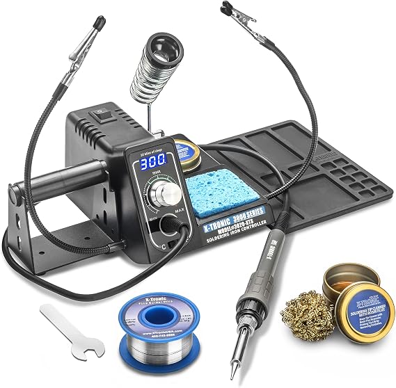 The Original X-Tronic 3020-XTS 75W Soldering Iron Station LED 2 Helping Hands Roll of Solder Brass Sponge w/Cleaning Flux Wet Sponge C/F Conversion Switch 10 Minute Sleep Feature!