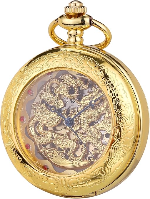 ManChDa Antique Mechanical Pocket Watches for Men Lucky Dragon Pocket Watch with Chain Black Skeleton Dial Roman Numberals Gifts for Fathers Day Gold
