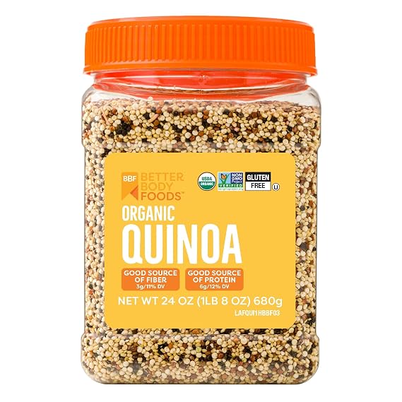 BetterBody Foods Organic Tri-Color Quinoa 1.5 lb, 6g Complete Plant Protein | Tri-Color Quinoa, Gluten-Free Grain, Vegan Grain, Low-Glycemic, Rice Replacement, Good Fiber, Amino Acids, Meal Prep