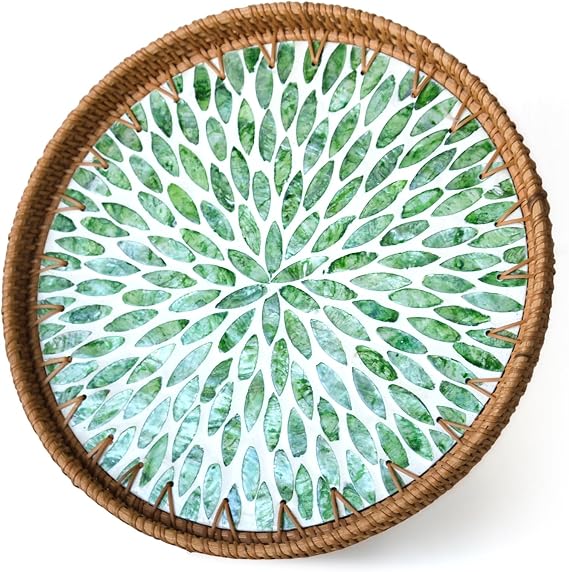 12" Round Rattan Tray with Mother of Pearl Inlay, Wicker Coffee Table Tray