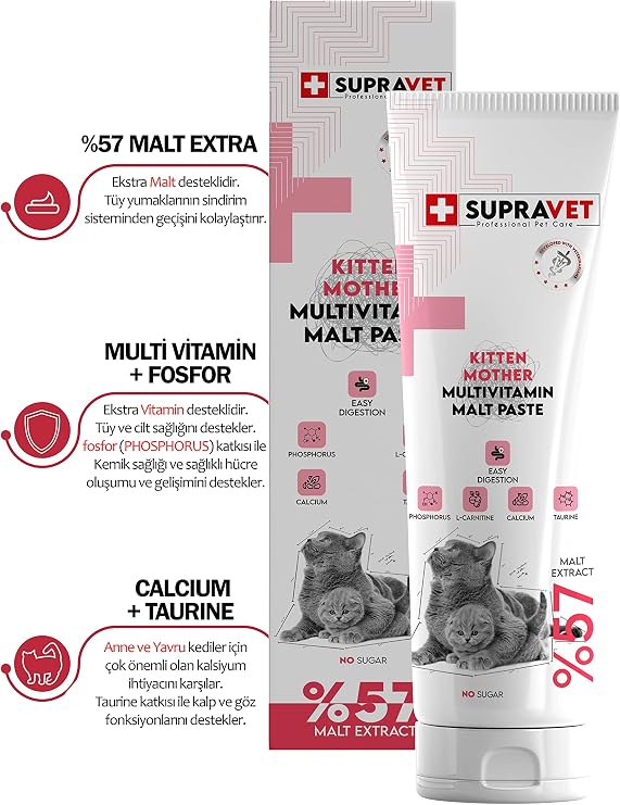 Supravet Hamile ve Yavru Kediler için Kalsiyum ve Taurinli Multi Vitamin Kedi Macunu 100 Gr. (%57 Extra Malt)