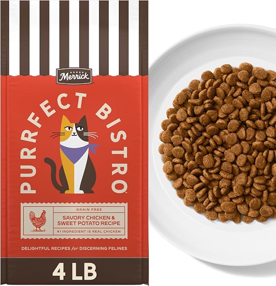 Merrick Purrfect Bistro Grain Free Chicken and Sweet Potato Recipe Natural Dry Cat Food for Adult Cats, High Protein, Outdoor or Indoor Cat Food - 4 lb. Bag