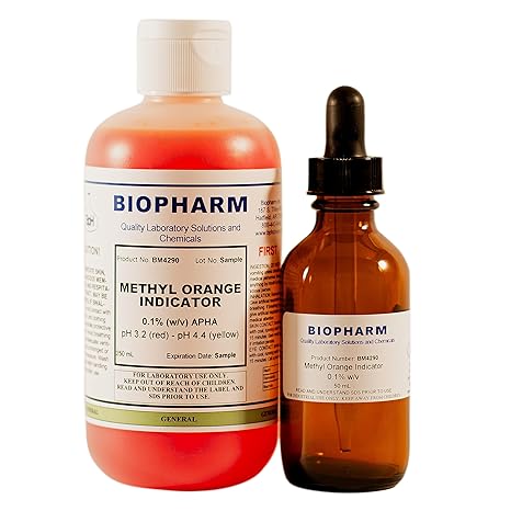 Biopharm Methyl Orange Indicator 0.1% w/v Aqueous Solution, 250 mL; with Dispensing Cap & 50 mL Dropper Bottle; pH Range 3.2 (Red) to 4.4 (Yellow)