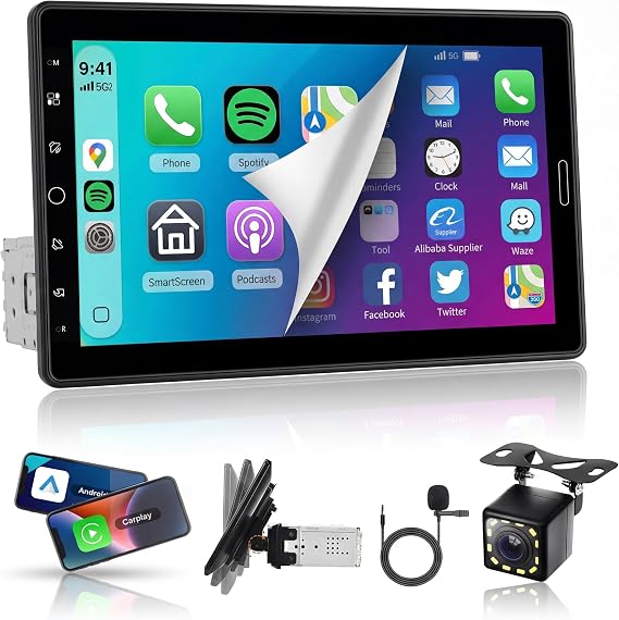 10.1 inch Single Din Touchscreen Car Stereo with Carplay Android Auto,1080P IPS Detachable Touch Screen,Bluetooth,12LED IP69k Backup Camera,FM Radio GPS,USB/AUX,Mirror Link,SWC