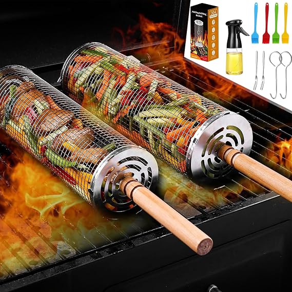 Rolling Grill Basket 2 PCS, 304 Stainless Steel Mesh, Removable Wooden Handle, Washable Reusable for Fish, Shrimp, Meat Vegetables - Portable Camping BBQ Accessories,Gift for Men Dad Husband