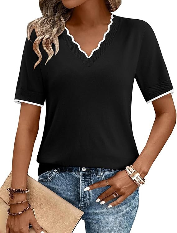 CHICZONE Womens Jumpers V Neck Summer Sweaters Cozy Lightweight Pullover Short Sleeve Tops Basic Clothes