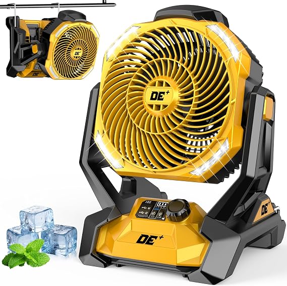 Battery Powered Fan for Dewalt 20V Battery, 586 CFM Variable Speed, Jobsite Fan w/180 Oscillation, 4H Timer & LED Light Table Fan, Hook for Hanging Portable Fan, Camping Fans for Tents, Fishing, RV