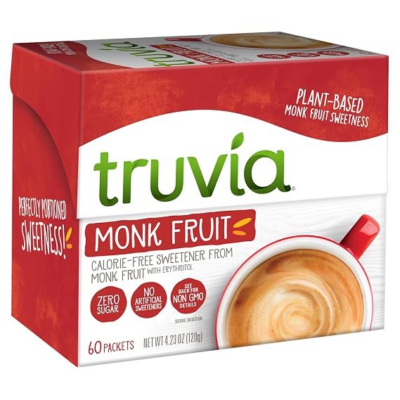 Truvia Monk Fruit Sweetener Packets, 60 Count Box | Monk fruit extract & erythritol; 60 packets; 1 packet = 2 tsp sugar; non-GMO, gluten-free, kosher, plant-based
