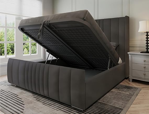 Manhattan King Size Bed Frame with Storage, Modern Velvet Ottoman King Size Beds with storage, Luxury Panelled Frame with Metal Mesh Base & 48" Headboard, Storage Bed in Steel Plush