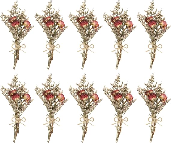 PATIKIL Mini Dried Flower Bouquet, 10 Pcs Rose Natural Wildflower with Stem Decor Baby's Breath Boho Floral Plant Flower for Crafts DIY Photo Props Gift Wedding Decor, Dark Red