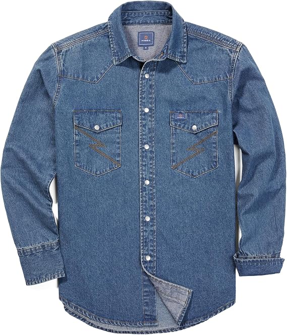 HISEA Men's Denim Shirt Long Sleeve Work Shirt Mens Regular Fit Button Down Shirts Cotton Work Shirts Washed Finish