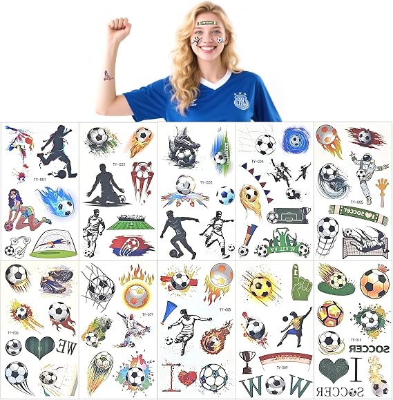 10 Sheets Football Temporary Tattoos for Kids - Waterproof Sticker Tattoos for Boys & Girls, Birthday Party Favors, Soccer Themed Decals