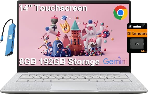 ASUS Chromebook CX1 Laptop (14" FHD Touchscreen, Intel Celeron, 8GB RAM, 192GB Storage (128GB eMMC+64GB SD Card)) Home & Student, Spill-Resistant, Military Grade, Wi-Fi, IST HUB, Chrome OS, CX1405CKA