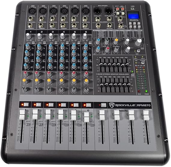 Rockville RPM870 6000w Powered Mixer, 8 Channel, 6 XDR2 Mic Pres, USB, 24-Bit Effects, Bluetooth, for Live Bands and DJs | Playback/Recording, Streaming, 6 XDR2 Mic Pres, 48V Phantom Power, Dual 7-Band EQ, 4-Band Channel EQ