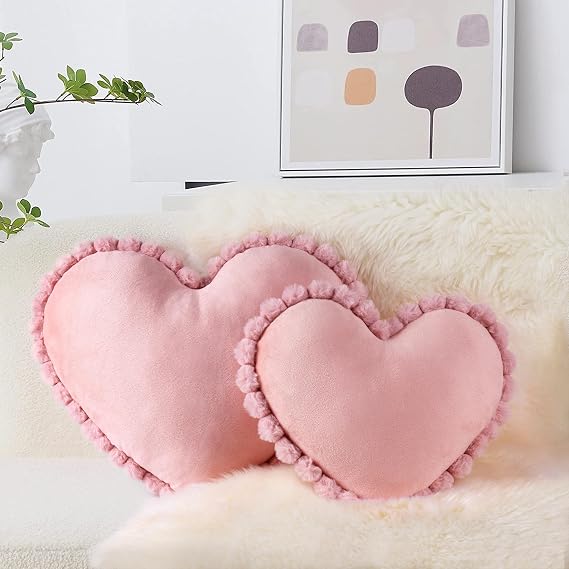 AELS Heart Shaped Pillow, Set of 2, Velvet Throw Pillows, Soft Velvet Love Pillows with Faux Fur Pom Poms, 20 & 16 Inches, Cute Valentines Day Decorations, Wedding Decor, Pink