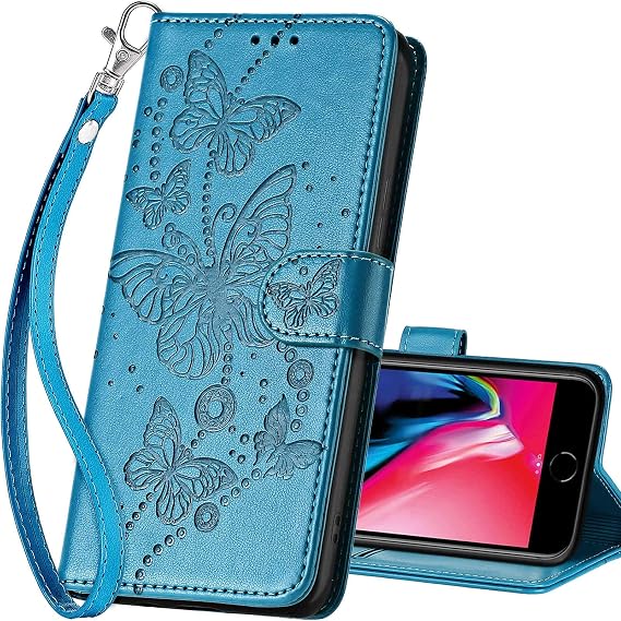 for iPhone SE 2022/7/8/SE 2020 Wallet case, Blue-Butterfly | 3 Card Holders, Kickstand, Shockproof TPU Shell, PU Leather, Magnetic Closure, Protective Flip Folio Cover, Women