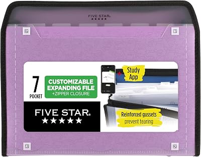 Five Star Expanding File Organizer  Study App, 7-Pocket Accordian File Organizer, Zipper Closure, Holds 8-12 x 11 Paper, Amethyst Purple 350099G-ECM