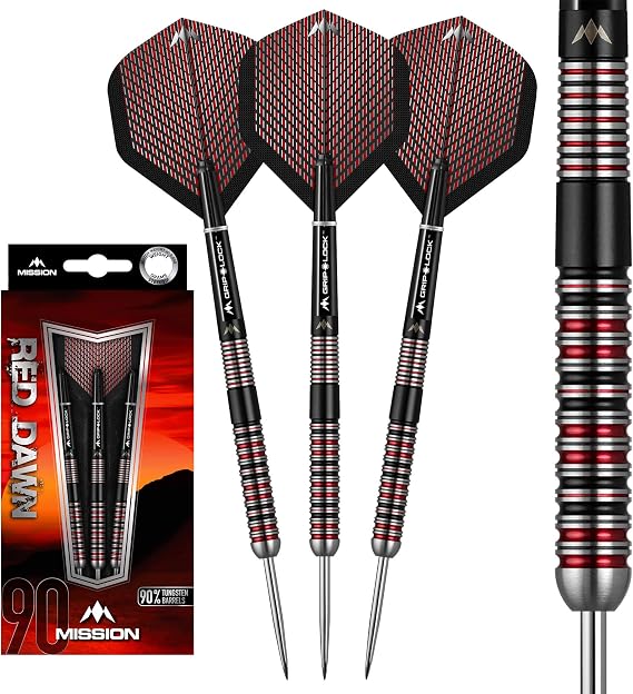 Mission Darts Red Dawn | Premium 90% Tungsten Barrel Steel Tip Dart Set with Flights, Mission Griplock Stems and Case, 26g, M1, Red/Black (D1525)