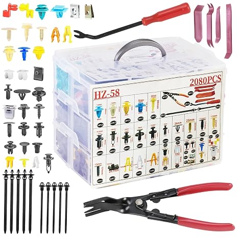 2080Pcs Car Retainer Clips & Fasteners Kit 33 Universal Sizes Nylon Bumper, Fender Rivets, Door Panel Clips, and Plastic Rivets with 10 Cable Ties and Removal Tool for Toyota, Ford, Benz (2080pcs)