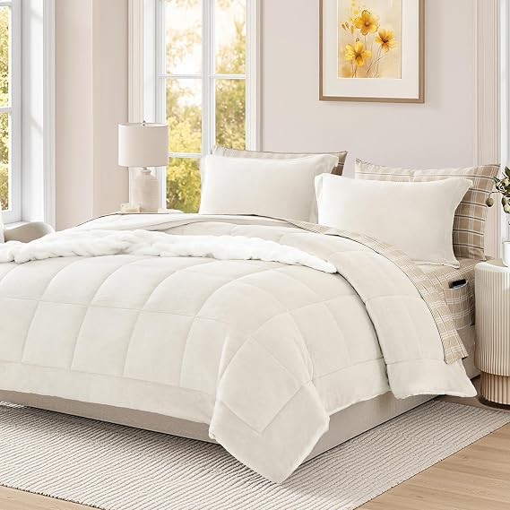 Plush Full Size Comforter Set Cream White Flannel Velvet Bedding 7 Pieces