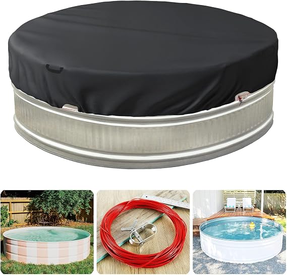 Bitubi 7-8 Ft Steel Round Stock Tank Pool Cover,Upgraded with Wire Rope & Winch Fixed Increase Stability(Black)