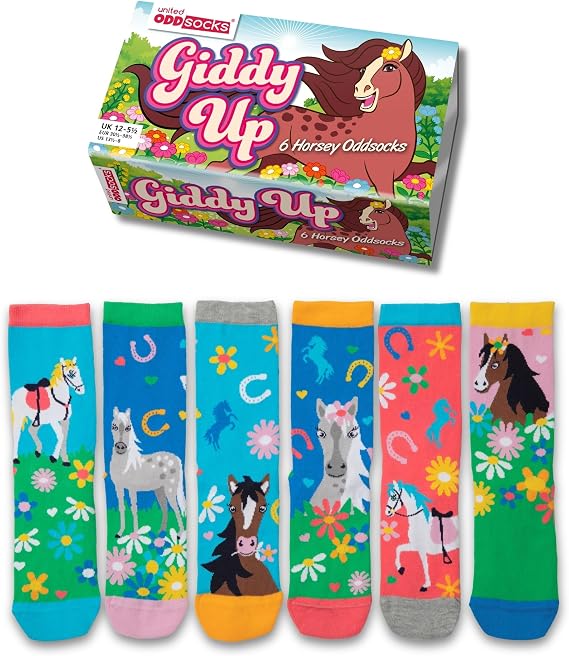 United Oddsocks Giddy Up Gift Box, 6 Colourful Horse-Themed Odd Socks for Girls, Mix & Match Cute Calf-Length Novelty Socks, Fun Cotton-Rich Socks Gift Set, UK 125.5, EUR 30.538.5, US 13.58