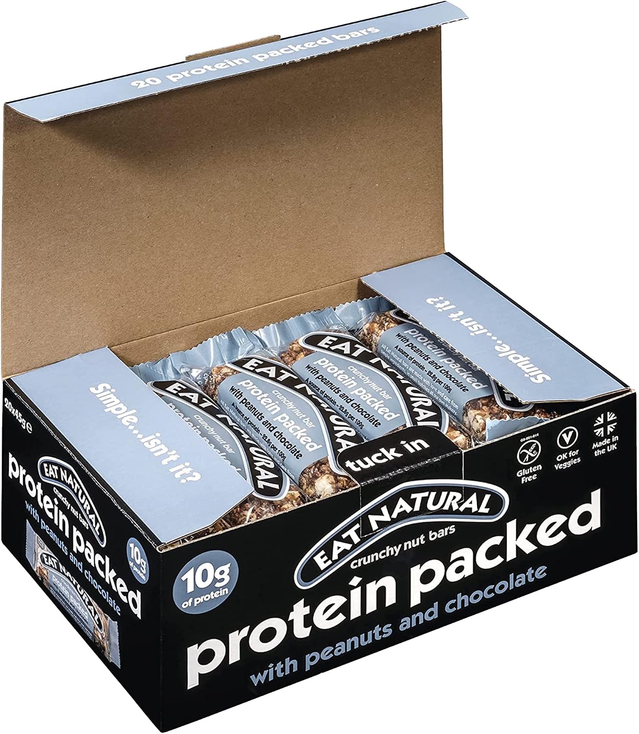 Eat Natural Protein Bars, Protein Packed Peanuts &amp; Chocolate Nut Bar — 20 x 45g Snack Bars, Gluten Free Cereal Bars — Seriously Crunchy Snacks With Soya Crispies, Shredded Coconut