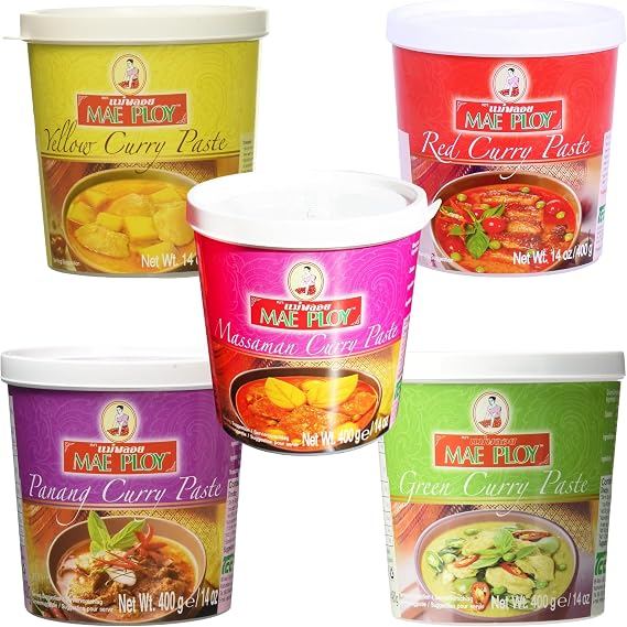 Mae Ploy Thai Curry Paste Assorted Pack of 5 (400g Each) – Green, Red, Yellow, Massaman & Panang Curry Paste – Authentic Thai Sauce for Cooking, Halal Certified