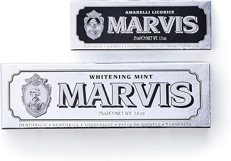 Marvis Toothpaste, White Mint 2.5 fl oz 75 ml & Licoras Mint 0.8 fl oz 25 ml Set of 2, Value Pack, Made in Italy, Oral Care
