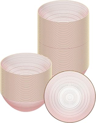 Restaurantware Plastic Bowls 20 Pcs 16 oz Gold Rimmed Disposable Soup Bowls Heavy-Duty Pink Translucent Rippled Dinnerware Containers for Party, Desserts, Salads, Snacks, and Catering