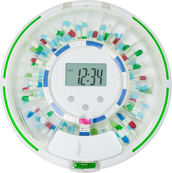 Automatic Pill Dispenser for Elderly with Alarm, Lock 28-Day Medication Dispenser, 6 Dosage Templates, Sound & Light Alerts & Key for Vitamins, Supplements (Clear Lid)