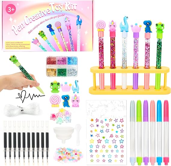 Rilcn DIY Pen Making Kit for Girls, 41 Pcs Glitter Floaty Pens Craft Set | Makes 6 sparkly floaty pens with refills, sequins, beads, charms, funnel, spoon and pen holder; gifts for ages 6-12