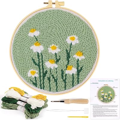 KESTAR Punch Needle Embroidery Starter Kits, Daisy Flower Punch Needle Kits for Adults Beginner, Needle Punch Kit Tool with Instruction Threader Fabric Yarns and Hoop