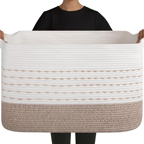 OIAHOMY 108L Extra Large Blanket Basket, 25x16x16 Rectangle Woven Cotton Rope Baskets for Living Room, Toy Storage with Handle- Gradient Light Brown