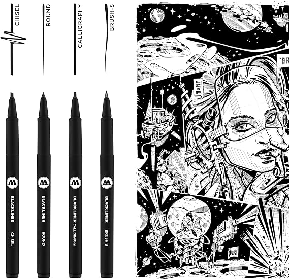 Molotow Blackliner Pen 4-Pen Set 3 - Calligraphy, Chisel, Brush S & Round Tips, 1 Set Each