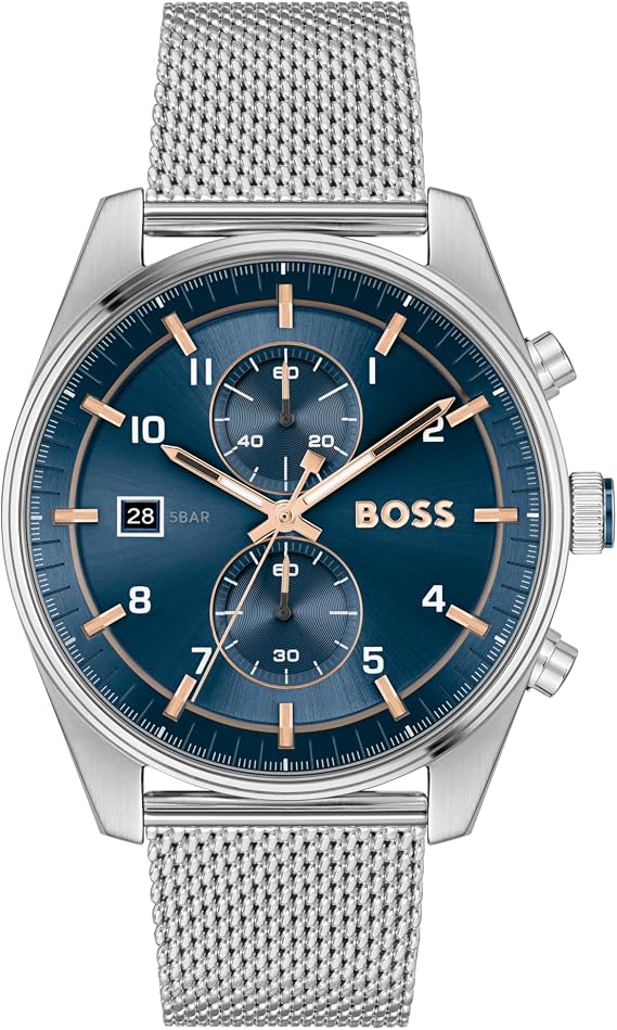 BOSS Chronograph Quartz Watch for Men SKYTRAVELLER Collection with Leather or Stainless Steel Strap