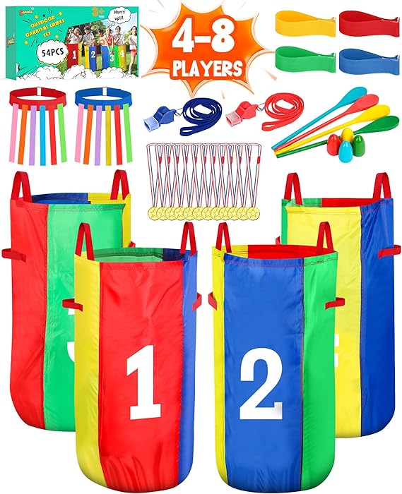Eocolz Outdoor Carnival Games, Potato Sack Bags for Kids Adults, Egg Spoon Relay Race, 3 Legged Race Bands, Catch Tail Games, Birthday Party, Field Day Family Day Yard Lawn Easter Fall Festival Games