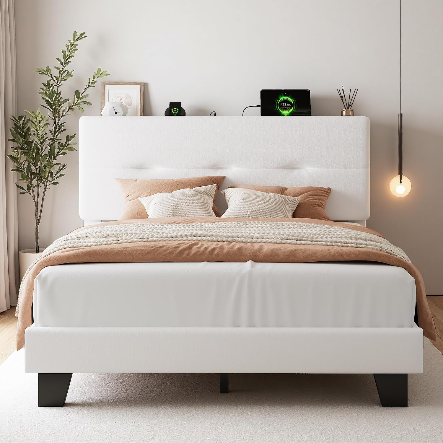 FEONASE 5ft King Size Bed Frame with Charging Station, Velvet Upholstered Platform Kingsize Bed Frame with Storage Headboard, Sturdy Wooden Slat Support, Noise Free, Easy Assembly, Beige