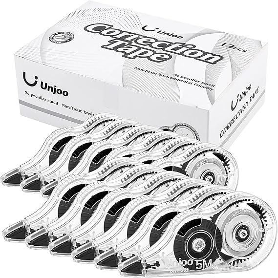 Unjoo White Correction Tape, For school, Office,12pack, 5M/196"x0.2",Black