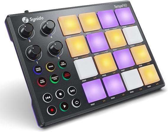 Synido MIDI Beat Pad Controller, 16 RGB Backlit Drum Pads Beat Maker | Equipped with 16 Force-Sensitive RGB Backlit Pads and 4 Customizable Control Knobs, Suitable for Beginners, Black