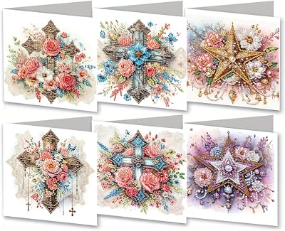 MaiYiYi 6 Pack DIY Cross Flower Diamond Art Greeting Cards Kit Cross Diamond Painting Greeting Cards Flowers Greeting Card Crystal Diamond Painting Set for Family Friends Holiday Birthday
