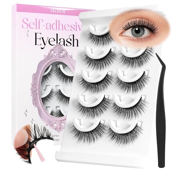 CALAILIS Self Adhesive Eyelashes Natural Look Wispy Press On Lashes No Glue Need Eyelashes 5 Pairs Reusable Cat Eye Self-adhesive False Lashes (C204)