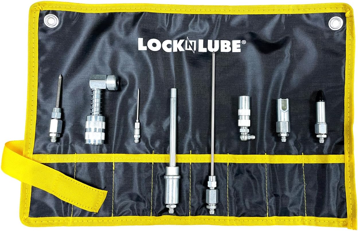 LockNLube 8 Piece Quick Connect Grease Accessory Kit Complete Grease Fitting Connection Kit Reaches grease fitting on any machine. Ripstop Case keeps tools clean and portable