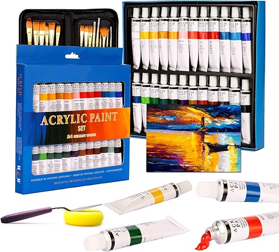 Acrylic Paint, Set of 24 Colors(12ml/Tube), Paint Kit with Premium Paint Brushes, Mixing Knife, Canvas and Sponge, Professional Painting Set Arts Crafts Supplies for Adults Kids