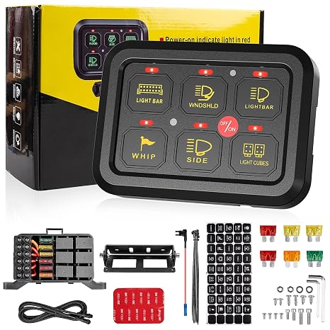 KACOLA 6 Gang Switch Panel, 12V Circuit Control Relay System Auto Dimmable | LED On-Off Control Panel, Built-in Solid State Relays, 60A 720W Max, Fits Car Truck Offroad UTV ATV RV, Easy Mount