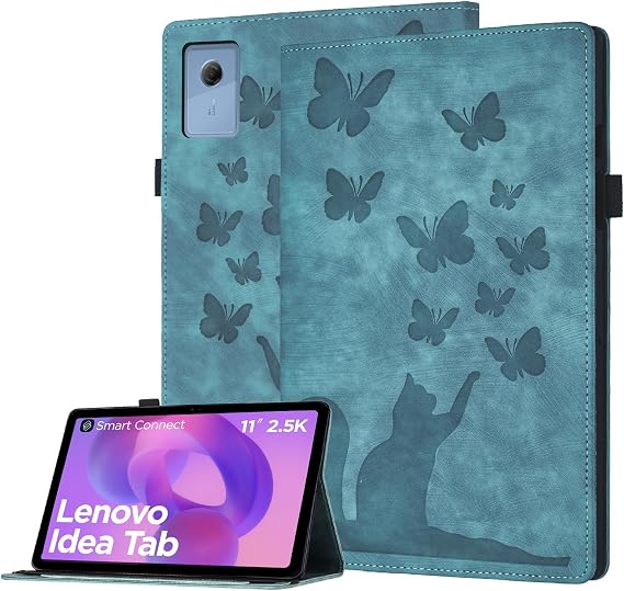 Tab Case for Lenovo Idea Tab 11" 2025 TB-336ZU PU Leather Cat&Butterfly Flip Tablet Cover, Stand, Scratch-Resistant, Card Slot, Pen Holder, Green